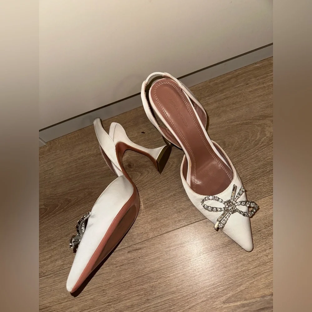 Amina Muaddi Rosie White Heels with Crystal Bow size 36